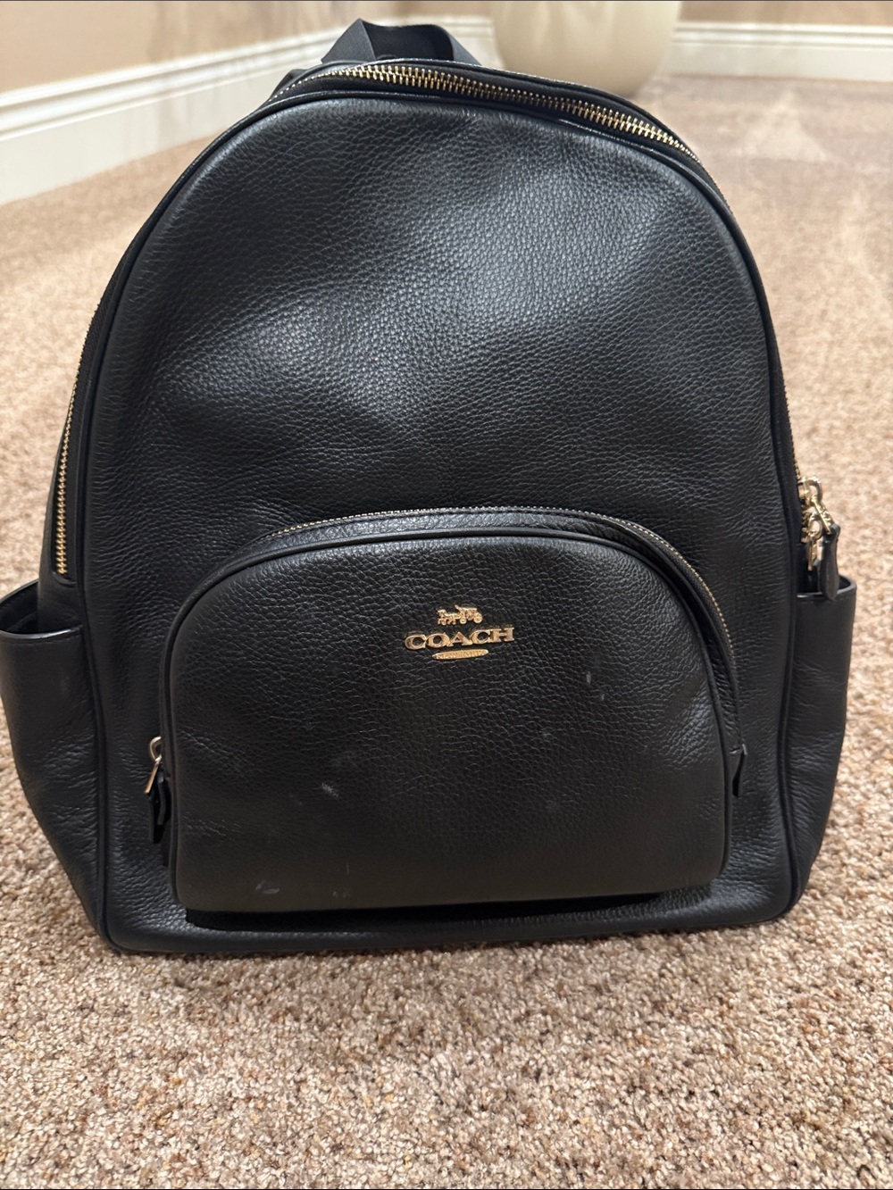 Coach Black Leather Backpack with Gold-Tone Accents